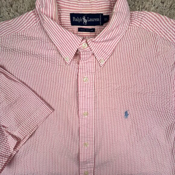 Ralph Lauren Button Up Shirt Cotton Short Sleeve Size XL Seersucker Pink Striped - Picture 1 of 14
